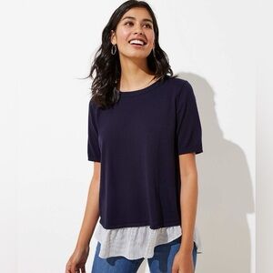 LOFT Striped Crossover Mixed Media Sweater in Navy